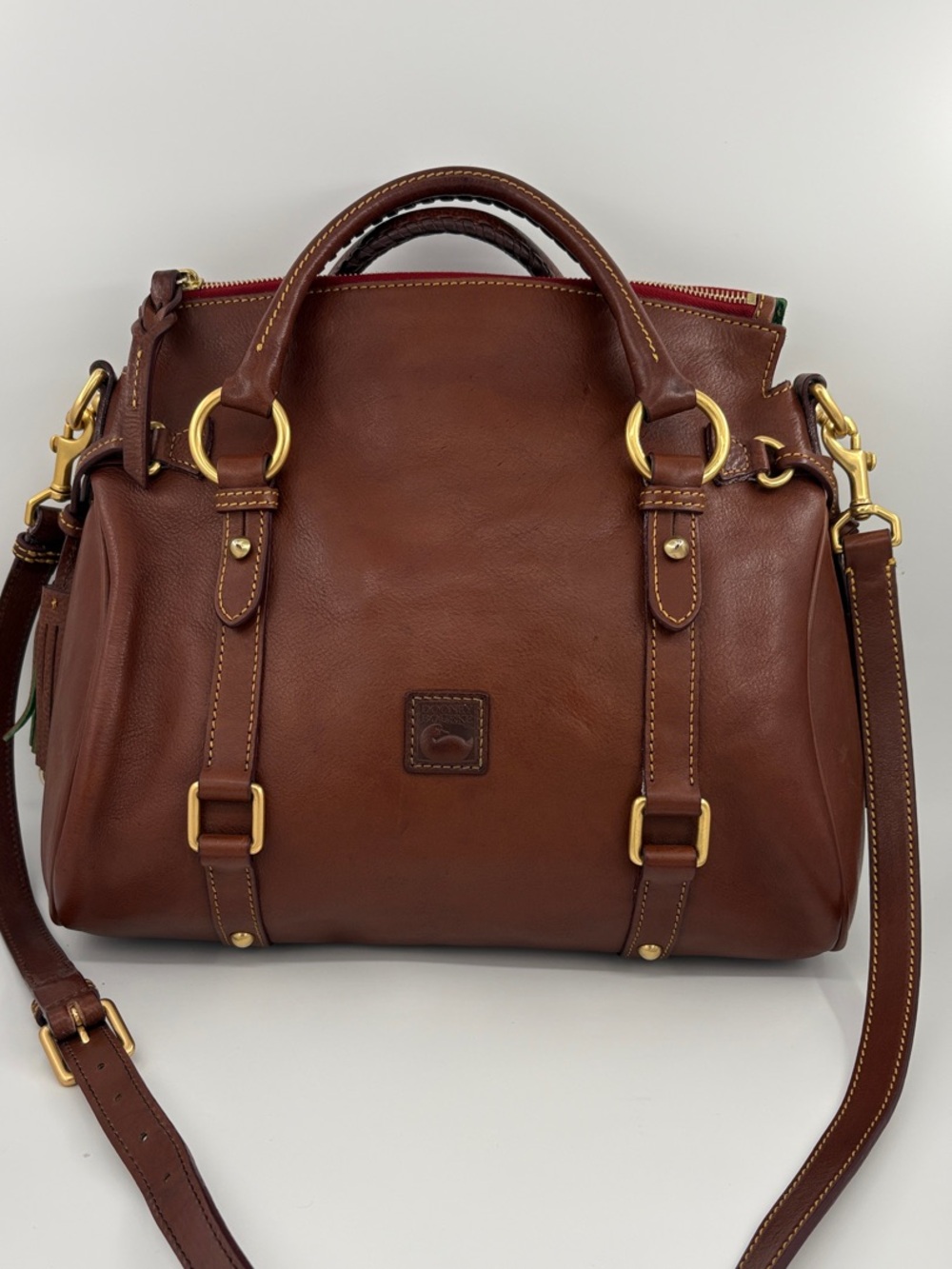 Dooney & Bourke Brown Leather Florentine Satchel with crossbody strap Gold HW